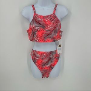 Hurley Bikini Set Tropical Leaf Ribbed High Neck Top High Rise Bottoms Sz Medium